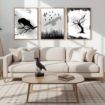 Besay Modern Kuzgun Ve Kuş Temalı Poster Seti | Gotik Gizemli Duvar Dekorasyonu | Siyah Beyaz Karga Ve Dal Tasarımlı Poster | 3 - 4
