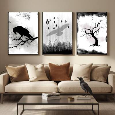 Besay Modern Kuzgun Ve Kuş Temalı Poster Seti | Gotik Gizemli Duvar Dekorasyonu | Siyah Beyaz Karga Ve Dal Tasarımlı Poster | 3 - 5