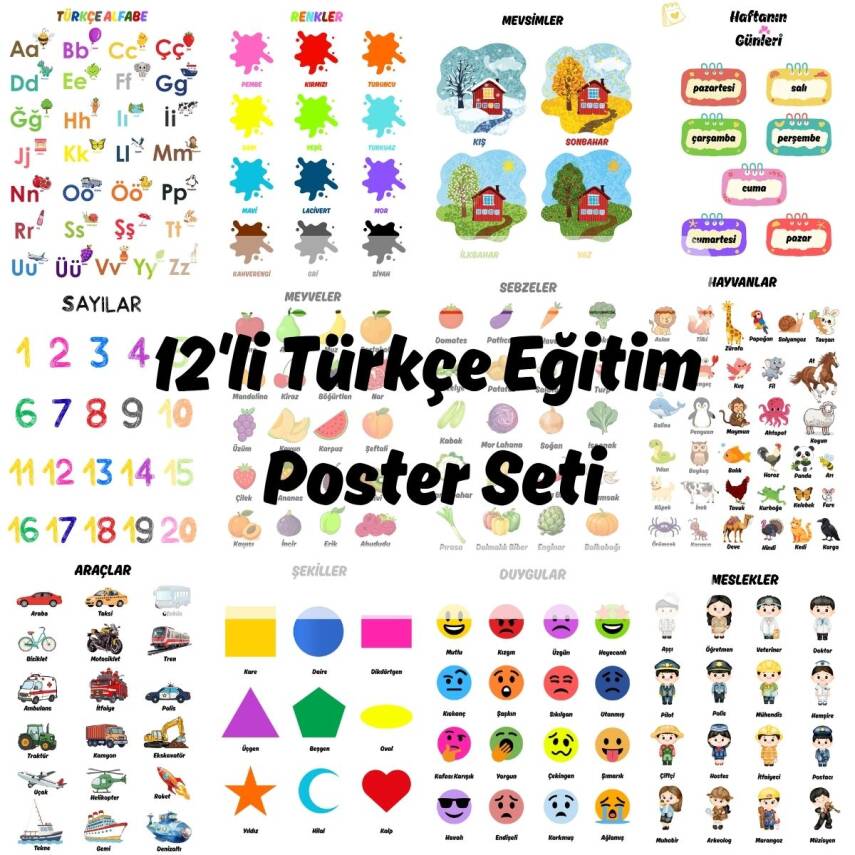 Besay Okul Öncesi Türkçe Eğitim Poster Seti 12'Li A3 Çerçevesiz - 1