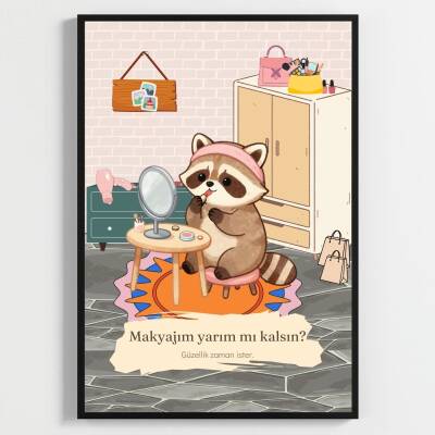 Besay Rujlu Rakun | Eğlenceli Banyo ve Giyinme Odası Duvar Dekorasyonu | Aynada Makyaj Yapan Komik Hayvan Poster Tablo | A3 Tek
