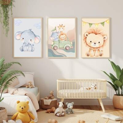 Besay Safari Macerası:Fil, Aslan ve Zürafa Çocuk Odası Posteri–Dekoratif 3lü Set A2 Çerçevesiz - 4