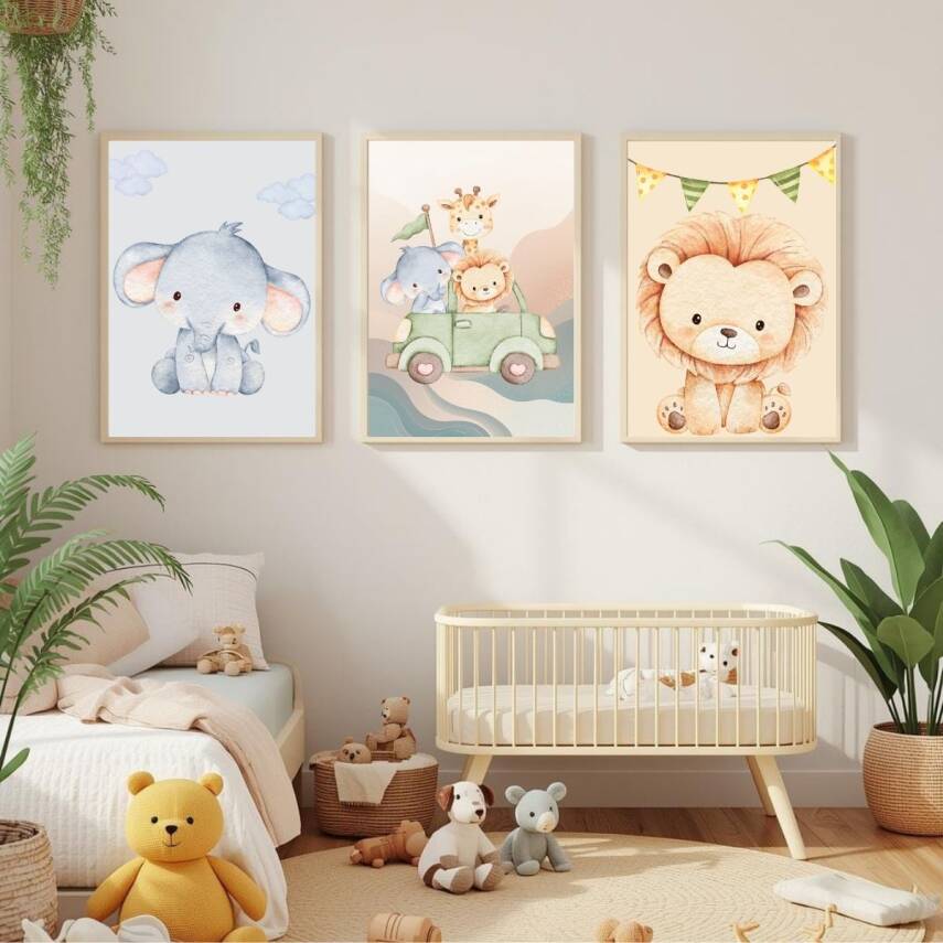 Besay Safari Macerası:Fil, Aslan ve Zürafa Çocuk Odası Posteri–Dekoratif 3lü Set A2 Çerçevesiz - 4