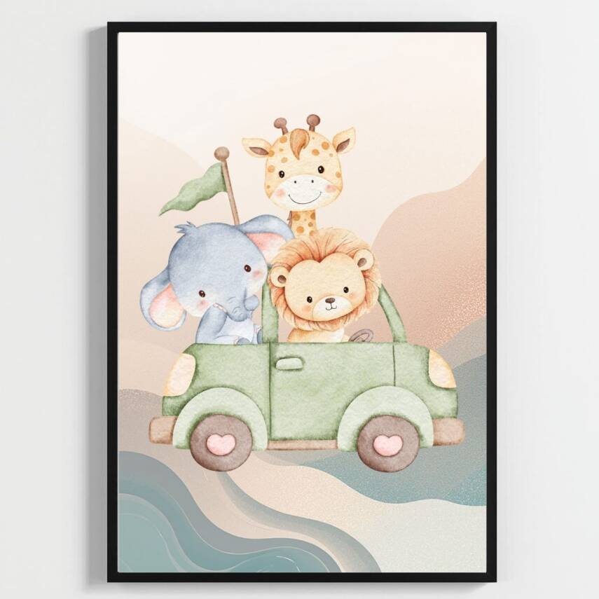 Besay Safari Macerası:Fil, Aslan ve Zürafa Çocuk Odası Posteri–Dekoratif 3lü Set A4 Çerçevesiz - 3