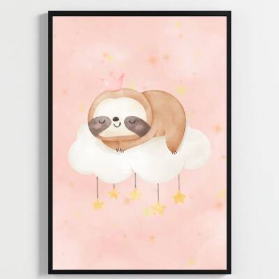 Besay Sevimli Tembel Hayvan | Bebek Odası Duvar Dekorasyonu | Pembe Bulutlu Ve Balonlu Çocuk Odası Posteri | 3'Lü Set A2 Çerçev