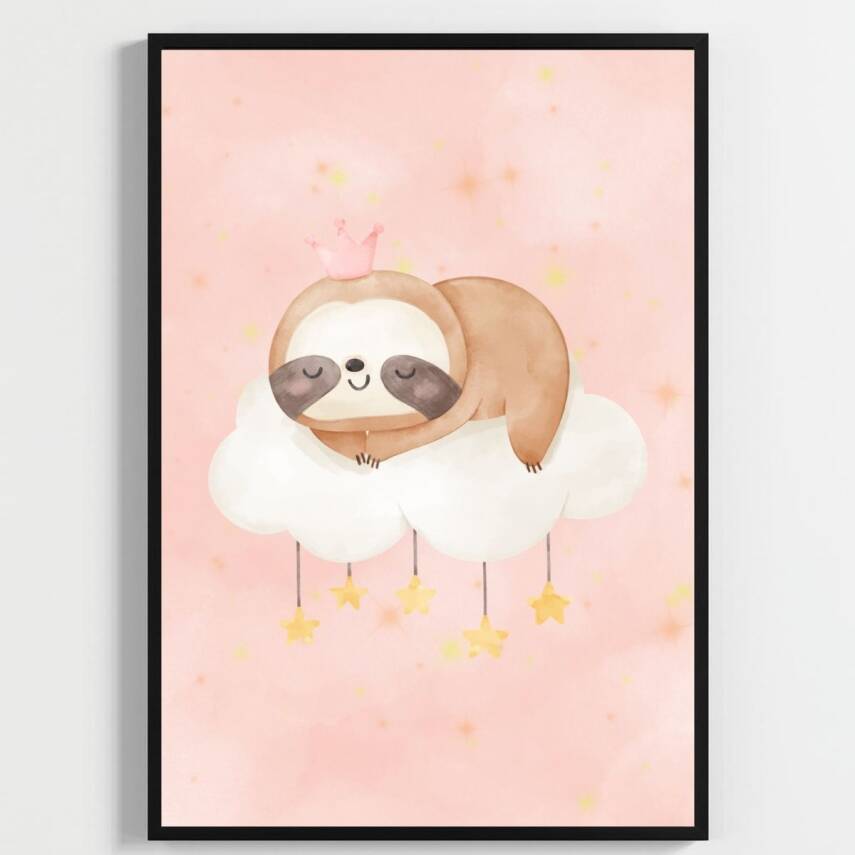 Besay Sevimli Tembel Hayvan | Bebek Odası Duvar Dekorasyonu | Pembe Bulutlu Ve Balonlu Çocuk Odası Posteri | 3'Lü Set A2 Çerçev - 1