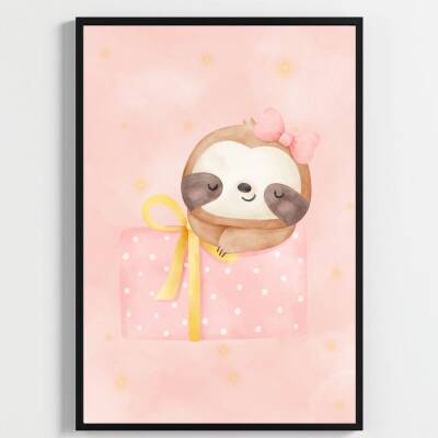 Besay Sevimli Tembel Hayvan | Bebek Odası Duvar Dekorasyonu | Pembe Bulutlu Ve Balonlu Çocuk Odası Posteri | 3'Lü Set A2 Çerçev - 3