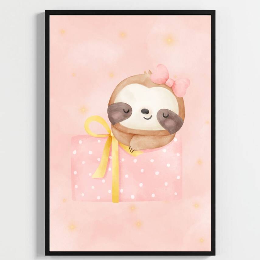 Besay Sevimli Tembel Hayvan | Bebek Odası Duvar Dekorasyonu | Pembe Bulutlu Ve Balonlu Çocuk Odası Posteri | 3'Lü Set A2 Çerçev - 3