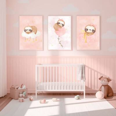 Besay Sevimli Tembel Hayvan | Bebek Odası Duvar Dekorasyonu | Pembe Bulutlu Ve Balonlu Çocuk Odası Posteri | 3'Lü Set A2 Çerçev - 4
