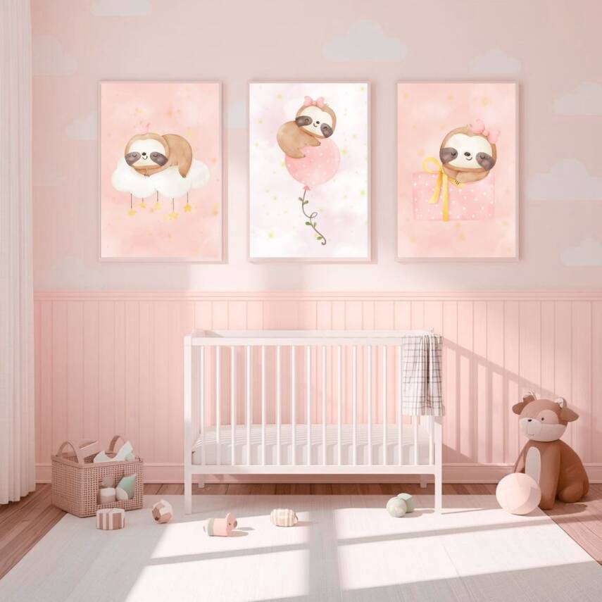 Besay Sevimli Tembel Hayvan | Bebek Odası Duvar Dekorasyonu | Pembe Bulutlu Ve Balonlu Çocuk Odası Posteri | 3'Lü Set A2 Çerçev - 4