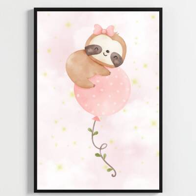 Besay Sevimli Tembel Hayvan | Bebek Odası Duvar Dekorasyonu | Pembe Bulutlu Ve Balonlu Çocuk Odası Posteri | 3'Lü Set A3 Çerçev - 2