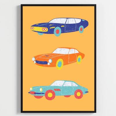 Besay Tam Gaz Macera:Renkli Arabalar, Uçak ve Vespa Çocuk Odası Posteri–Dekoratif 3lü Set A3 Çerçevesiz