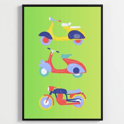 Besay Tam Gaz Macera:Renkli Arabalar, Uçak ve Vespa Çocuk Odası Posteri–Dekoratif 3lü Set A3 Çerçevesiz - 3