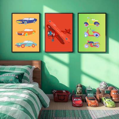 Besay Tam Gaz Macera:Renkli Arabalar, Uçak ve Vespa Çocuk Odası Posteri–Dekoratif 3lü Set A4 Çerçevesiz - 4