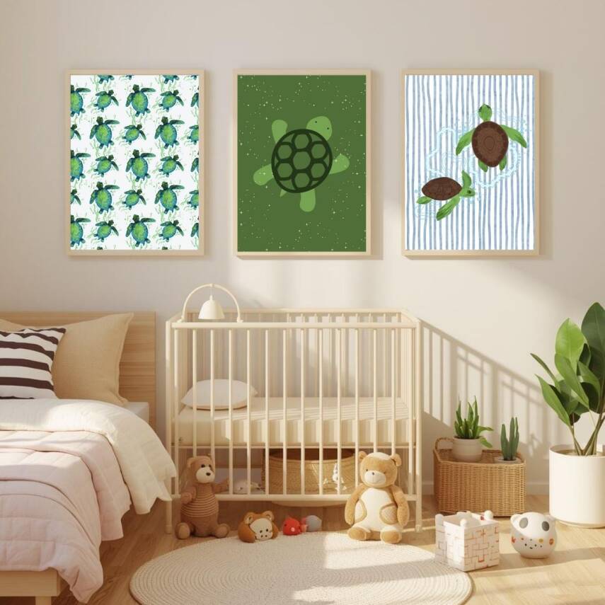 Besay Tiny Turtles:Sevimli Kaplumbağalar Çocuk Odası Posteri–Dekoratif 3lü Set A4 Çerçevesiz - 4