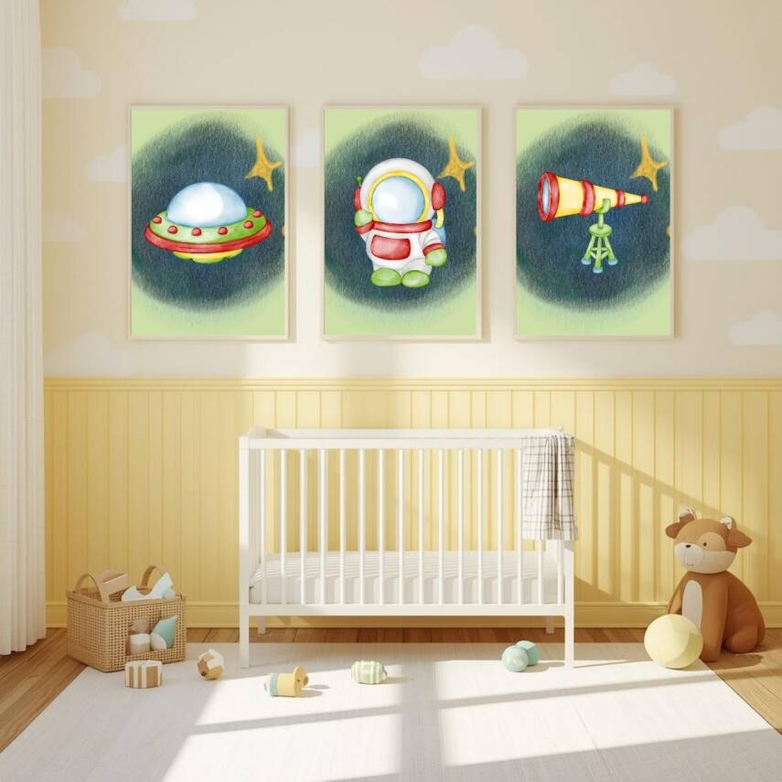 Besay Uzay Macerası | Astronotlu Eğitici Ve Eğlenceli Bebek Odası Posteri | 3'Lü Çocuk Odası Poster Seti A3 Çerçevesiz - 4