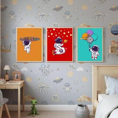 Besay Uzay Yolculuğu Astronot Çocuk Odası Posteri–Dekoratif 3lü Set A4 Çerçevesiz - 4
