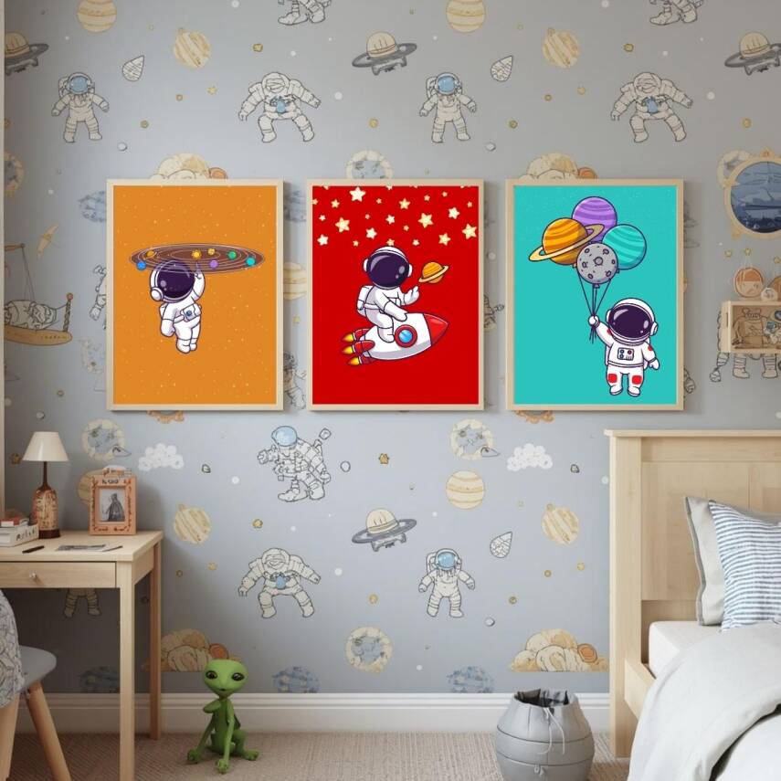 Besay Uzay Yolculuğu Astronot Çocuk Odası Posteri–Dekoratif 3lü Set A4 Çerçevesiz - 4