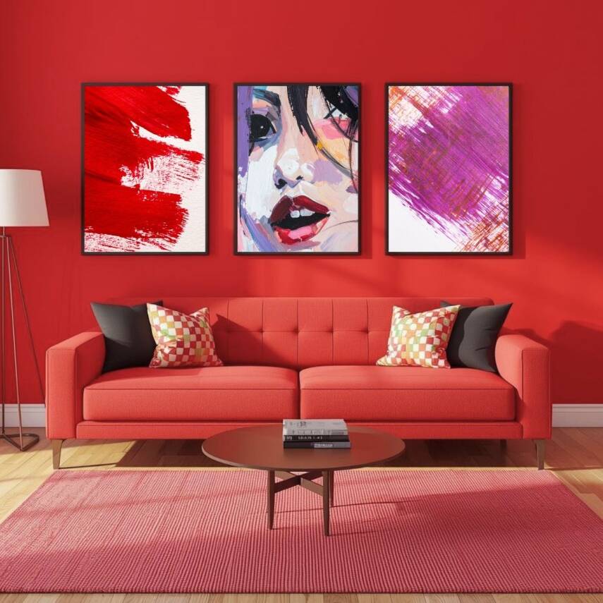 Besay Yüzler Ve İzler | Modern Salon Duvar Dekorasyonu | Kırmızı Pop Art Kadın Posteri | 3'Lü Set A2 Çerçevesiz - 4