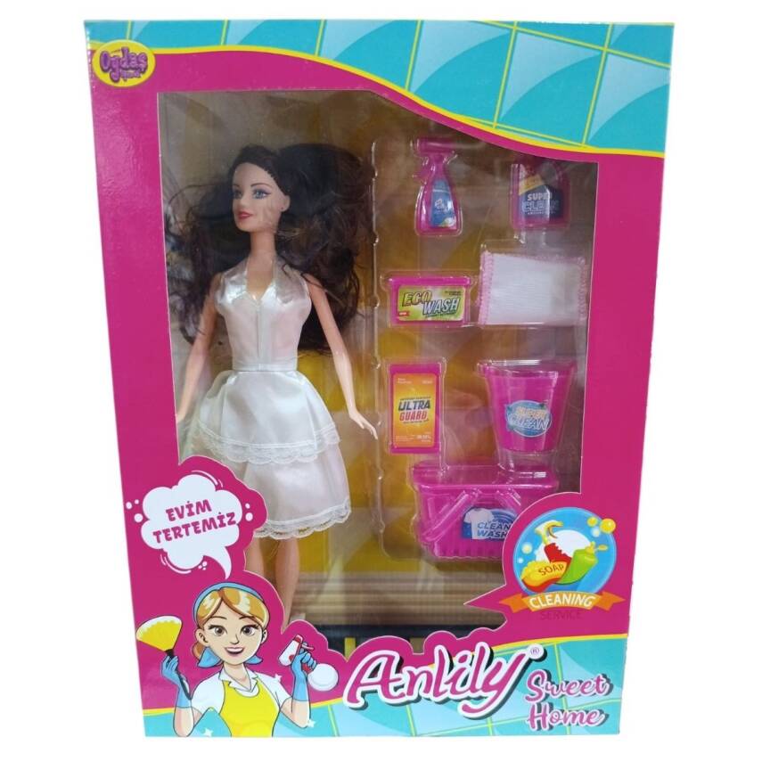 Oydaş Anlılıy Kutuda Temizlik Setli Bebek-Kahve Saçlı Beyaz Elbise - 1