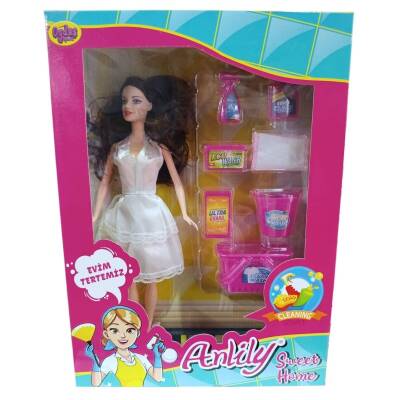 Oydaş Anlılıy Kutuda Temizlik Setli Bebek-Kahve Saçlı Beyaz Elbise